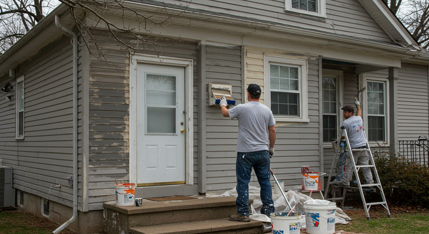 A professional painting crew applying a fresh coat of paint to a charming residential home in Warren, OH. The scene captures the team working together, showcasing their skills and teamwork.