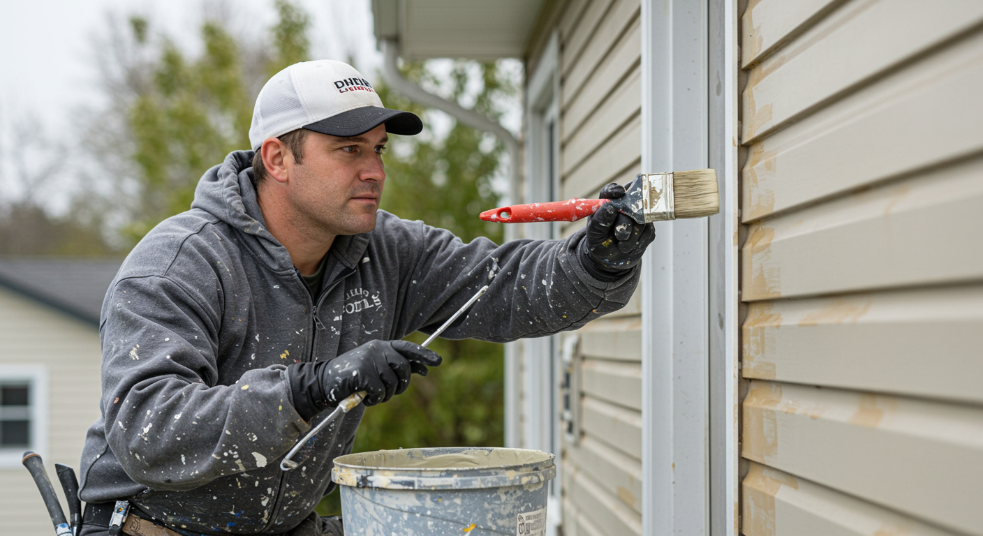 A professional painter in action, applying a fresh coat of paint to a residential home. The painter is focused and wearing safety gear, showing professionalism.