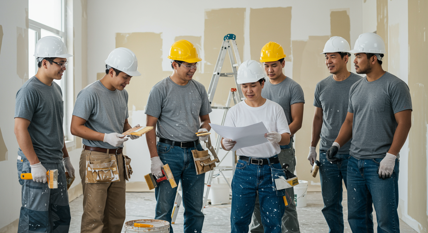A diverse team of professional painters working together on a large project, such as a house or commercial building. The image captures teamwork and collaboration, with painters discussing plans and sharing tools, showcasing a friendly and productive work environment.