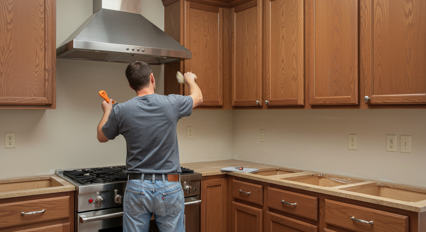 A craftsman refinishing wooden kitchen cabinets with a brush, highlighting the precision and care involved in the process.