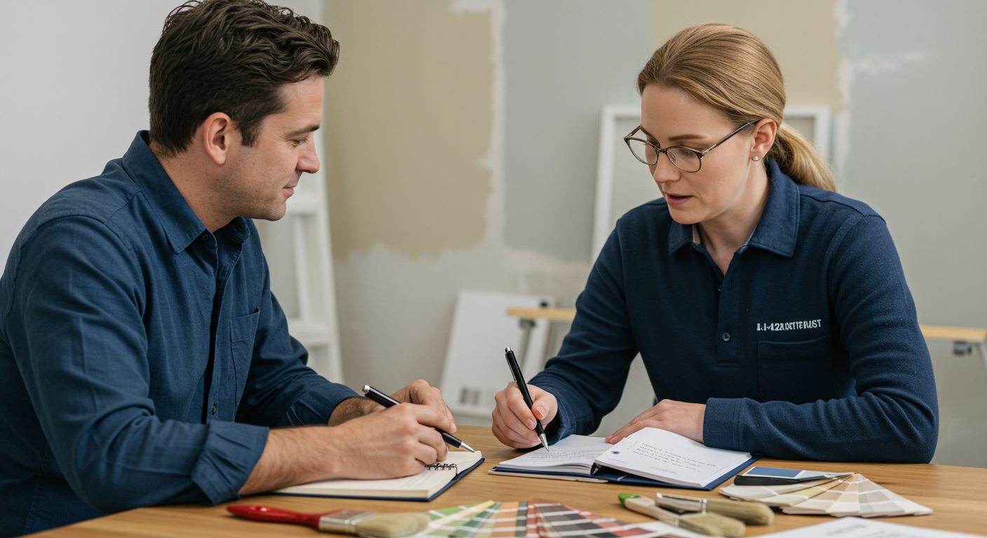 A homeowner sitting at a table with a professional painter, reviewing a color palette and discussing options.