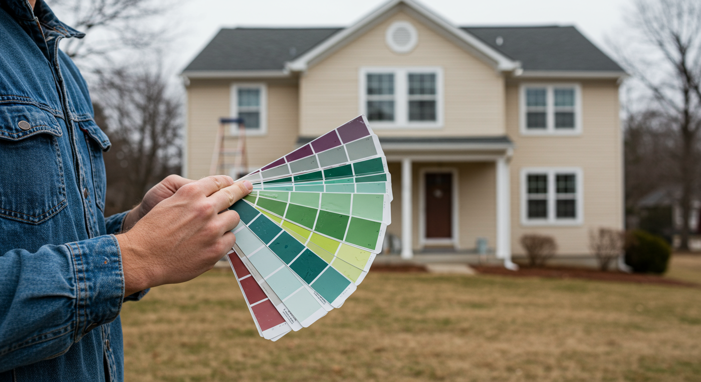 A painter holding a color palette or paint swatches in front of a house in Beavercreek, OH. The house is partially painted, with some areas still in progress.