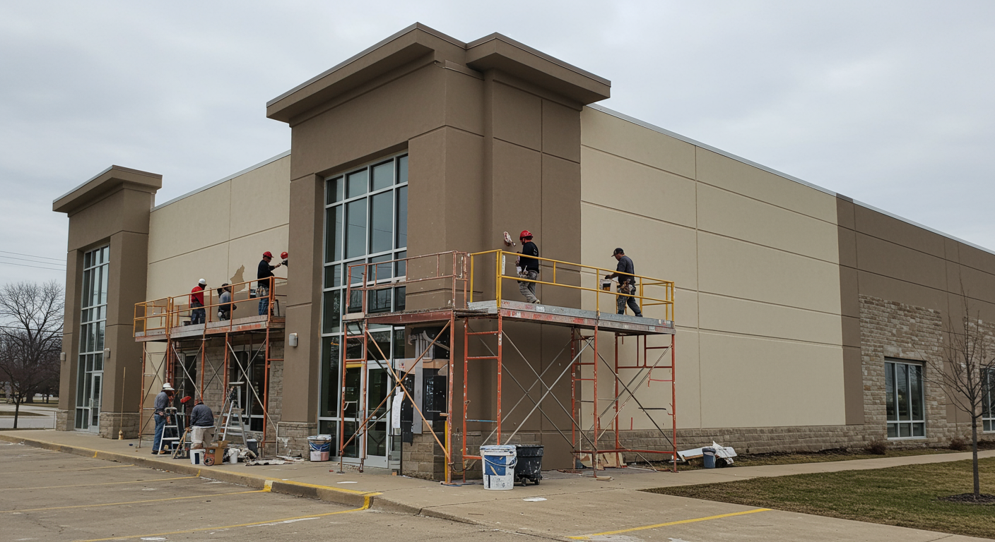 A team of painters working on the exterior of a commercial building in Kettering, OH. The building has a modern design, and the painters are using scaffolding and professional equipment.