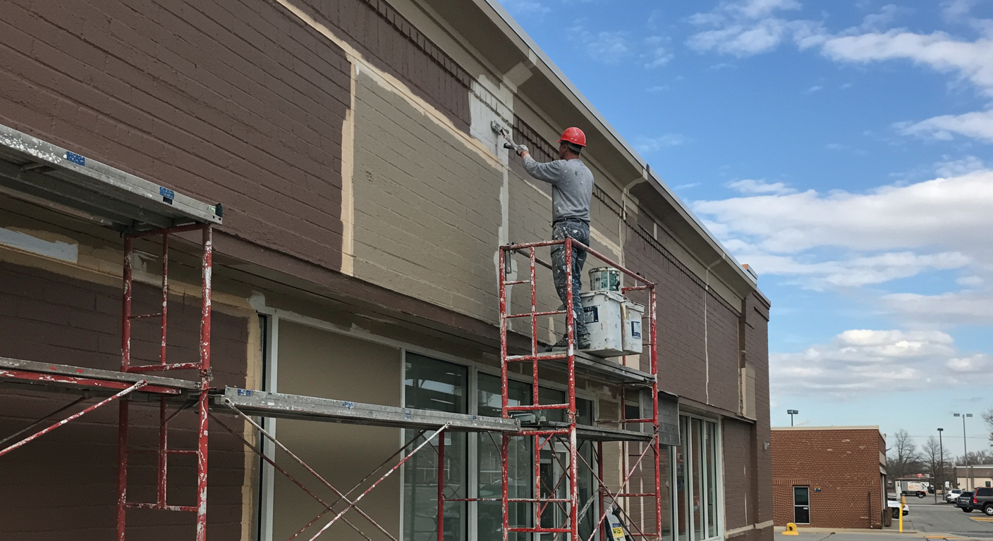 A professional painter in Mansfield, OH, working on the exterior of a commercial building. The painter is on a scaffold, applying paint to the building's facade. The background shows a clean and modern urban setting.