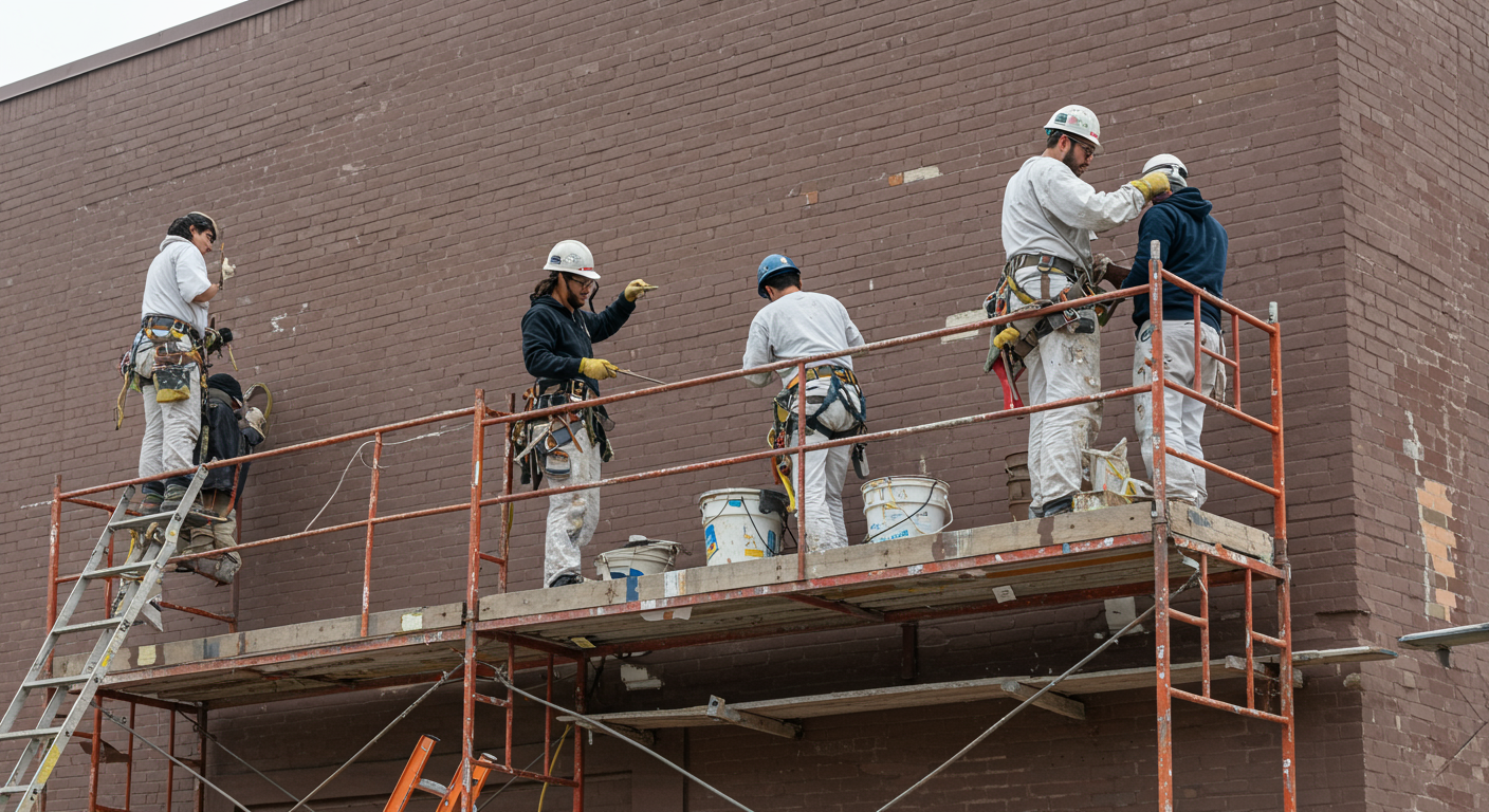 A group of painters using scaffolding and equipment to paint the exterior of a commercial building in Columbus. They are wearing safety gear and working collaboratively.