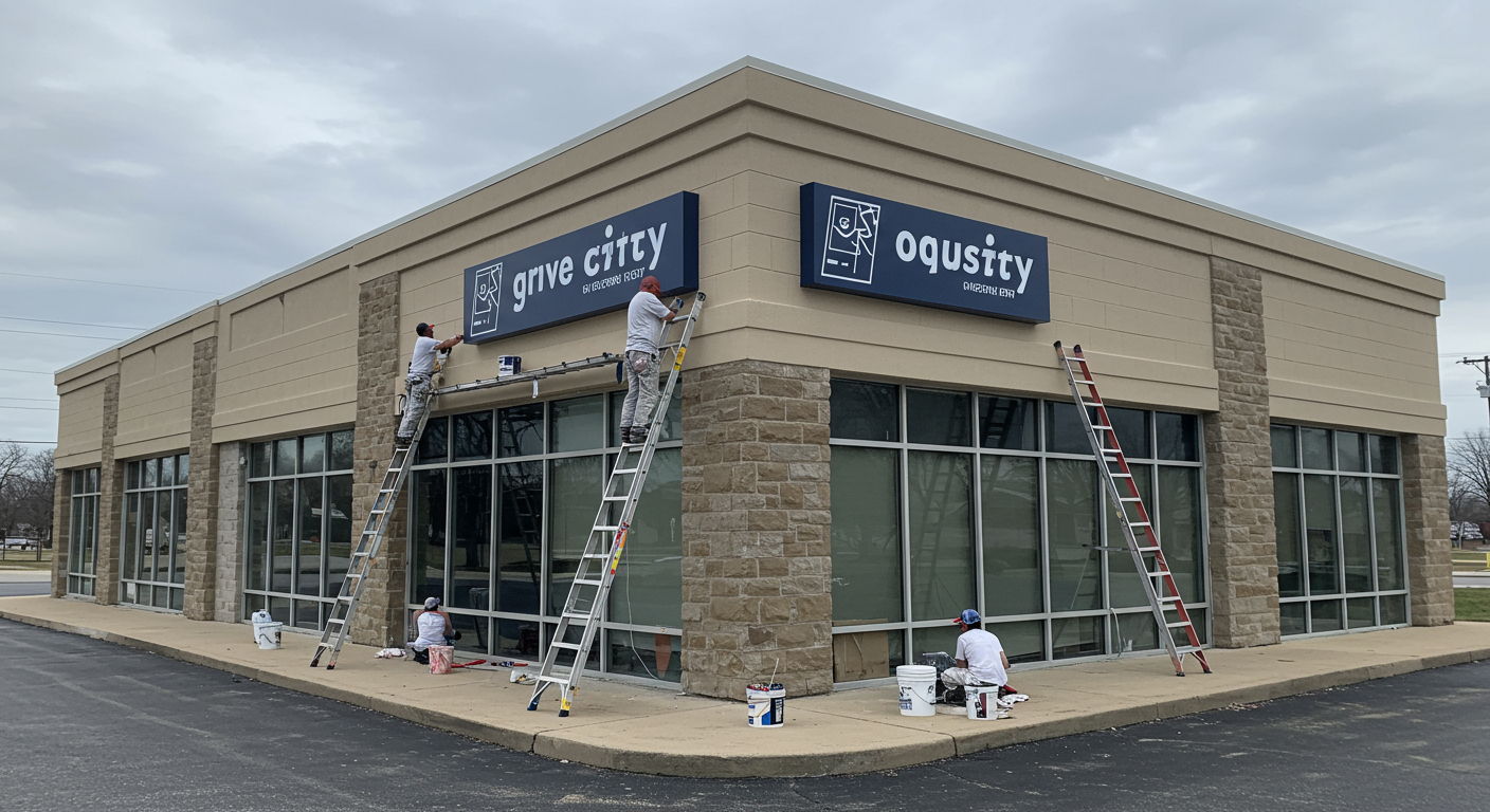 A team of painters working on the exterior of a commercial building in Grove City, OH. The building is mid-sized, with a clean, modern design. Ladders, paint buckets, and safety equipment are visible, emphasizing professionalism and safety.
