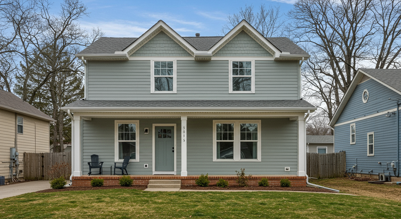 A beautifully painted home exterior in Mansfield, OH, showcasing a fresh coat of paint in a modern color palette. The image highlights the house's curb appeal with a well-maintained lawn and bright, sunny weather.
