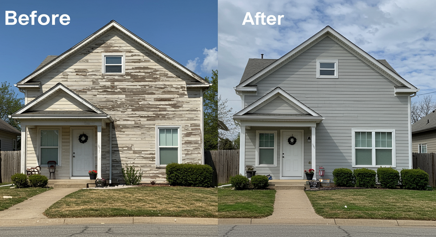 A split-screen image showing a before-and-after transformation of a home's exterior in Dublin, OH. The 'before' side features a weathered and faded exterior, while the 'after' side showcases a freshly painted, vibrant, and polished look.