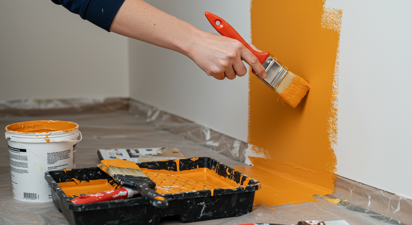 A close-up of a painter's hand holding a brush, applying a bold, vibrant color to an interior wall. The scene includes a neatly arranged paint tray and tools in the foreground, with a partially painted wall in the background. The image conveys precision and professionalism.