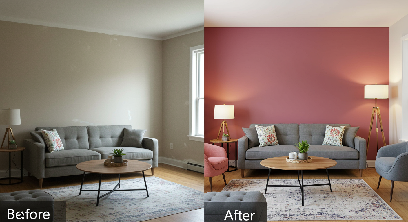 A before-and-after comparison of a living room in Columbus, OH. The left side shows a dull, unpainted wall, while the right side showcases a vibrant, freshly painted wall with modern decor. The furniture is neatly arranged, and the lighting highlights the transformation.