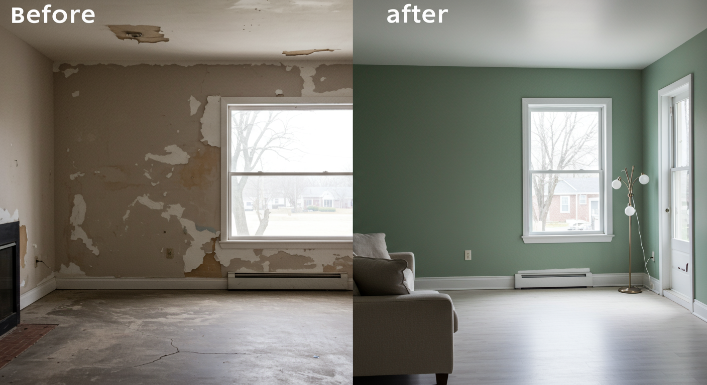 A before-and-after transformation of a living room in Columbus, OH. The 'before' side shows dull, chipped walls, while the 'after' side displays a vibrant, freshly painted room with modern decor.