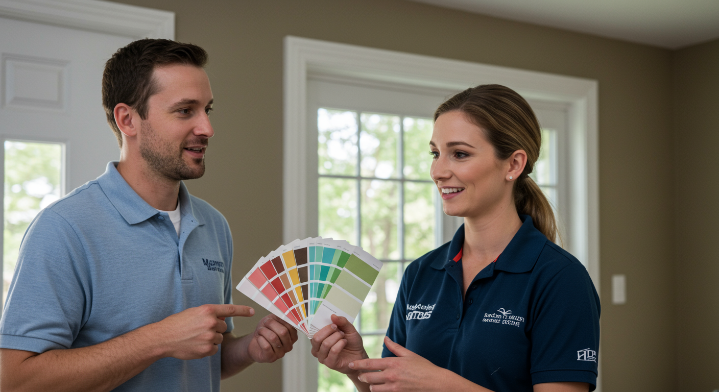 A professional painter discussing color options with a homeowner in Fairfield, OH. The painter holds a color palette, and the homeowner looks engaged and happy.