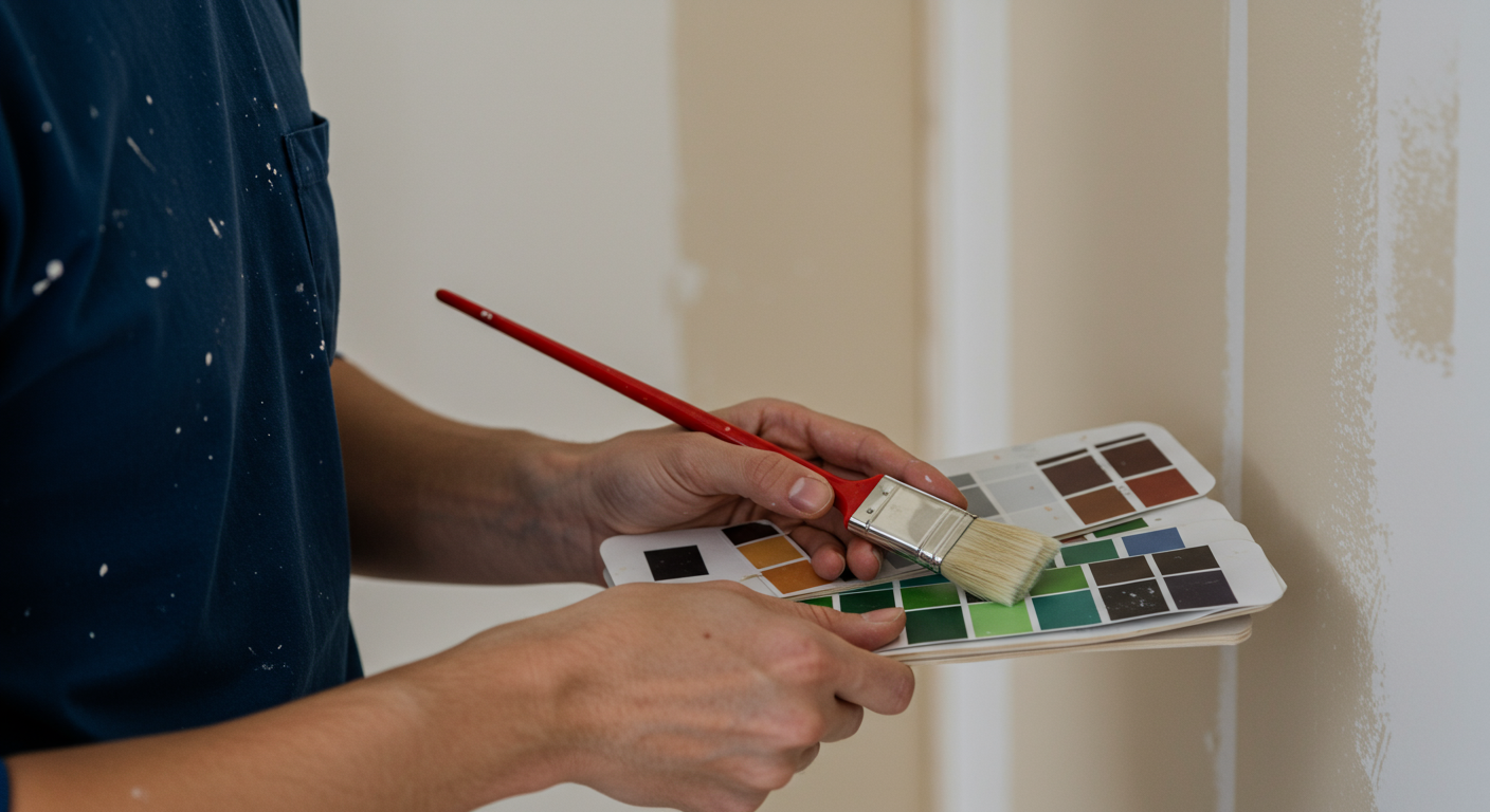 A close-up of a painter's hands holding a paintbrush and a color palette, with a partially painted wall in the background. The image captures the preparation phase of a painting project.