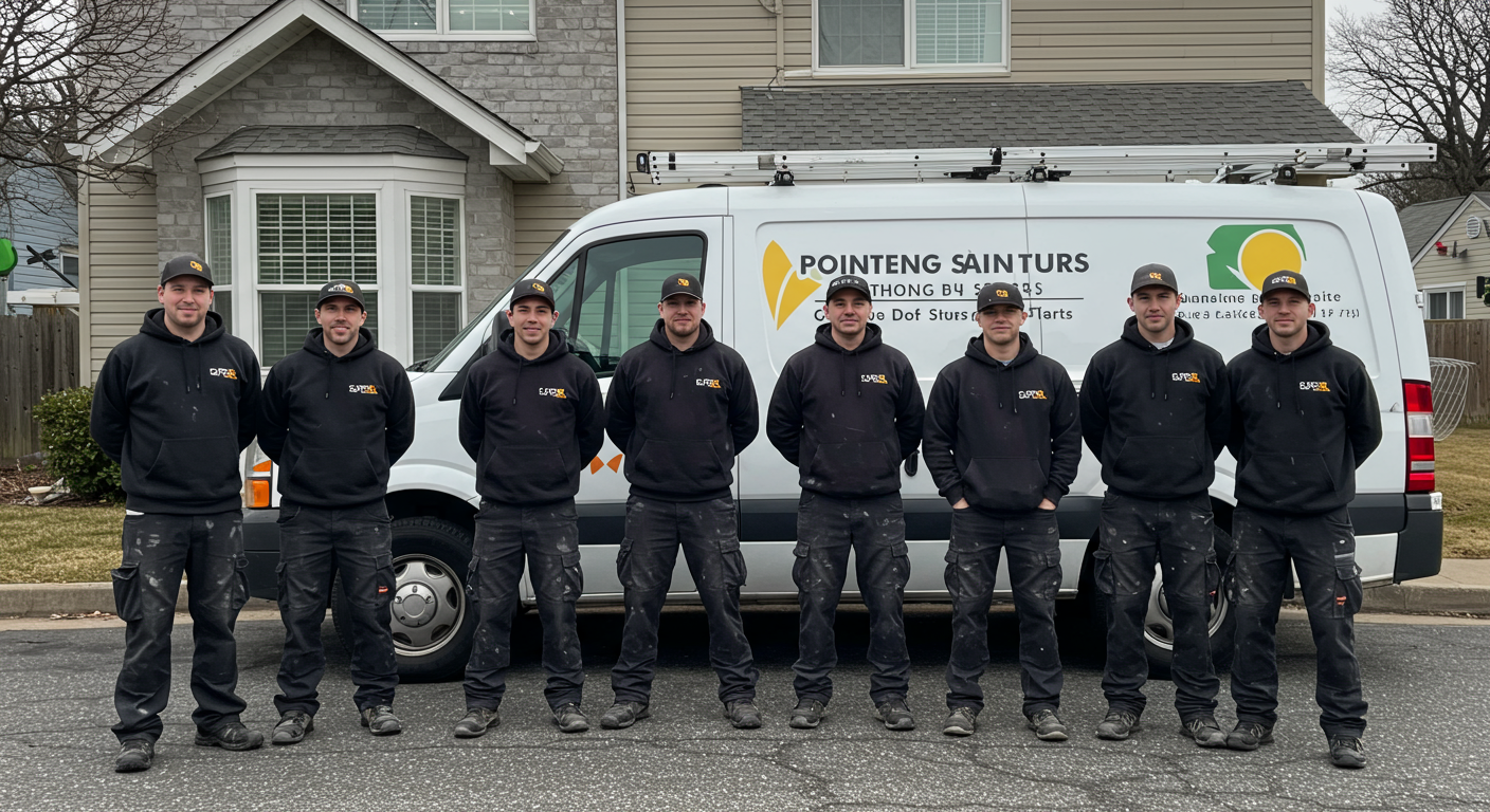 A group photo of a painting team in branded uniforms standing in front of their company van. The background includes a freshly painted house, emphasizing professionalism and teamwork.