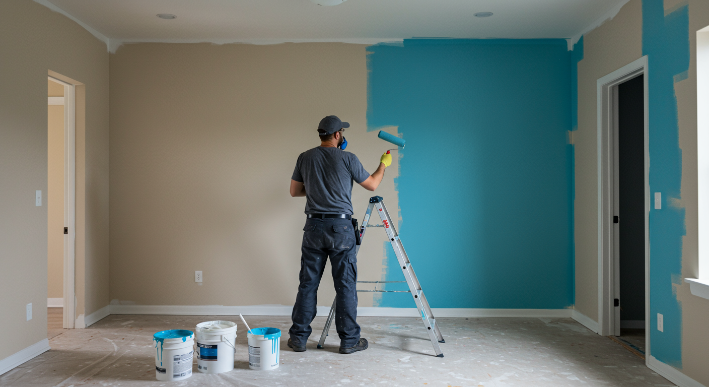 A professional painter wearing a uniform and safety gear is painting the interior of a modern home in Toledo, OH.