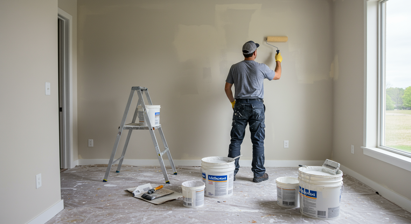 A professional painter in uniform carefully painting the interior wall of a modern Middletown home. The painter is using a roller brush, with paint buckets and tools neatly arranged in the background.