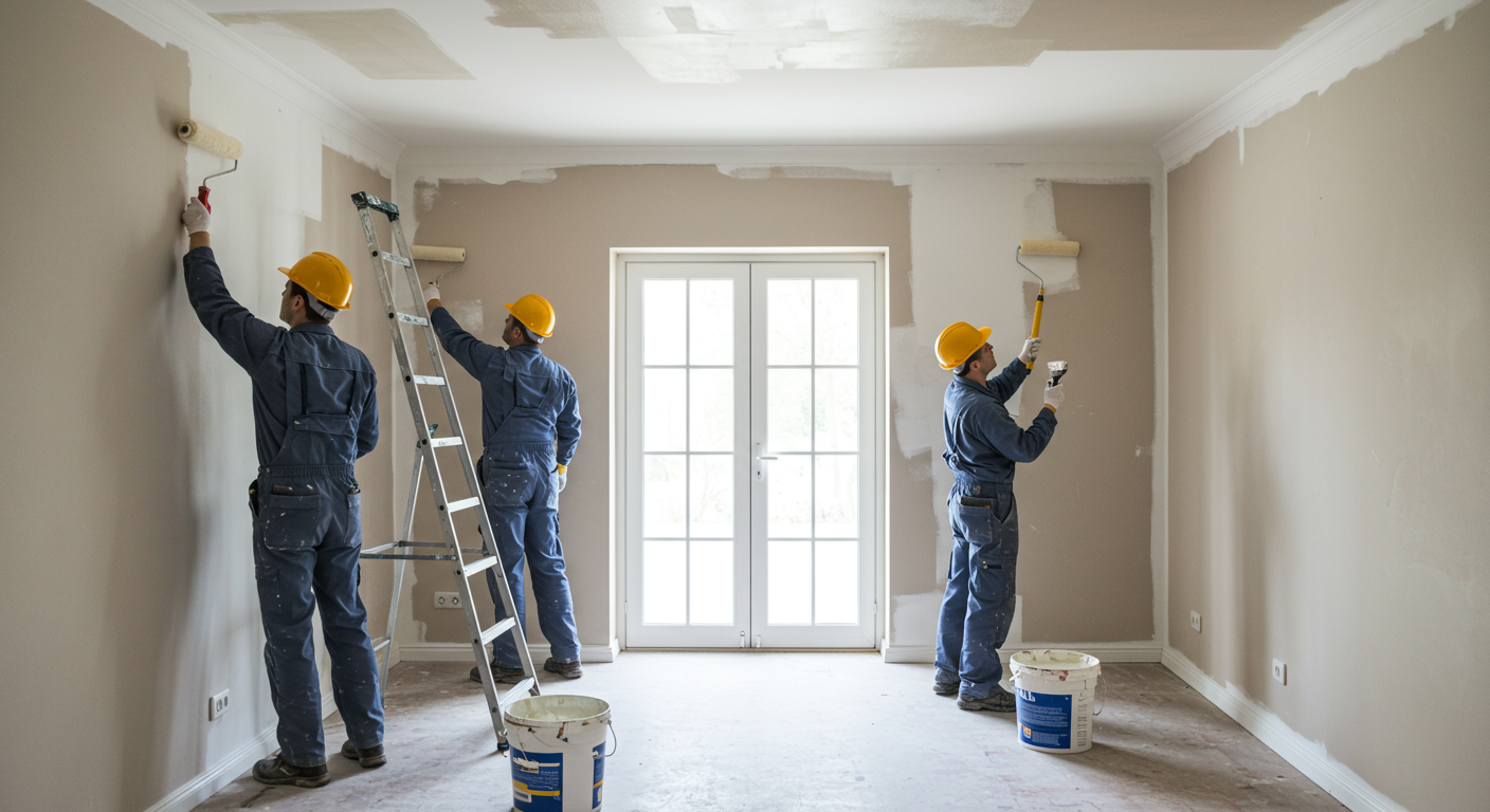 A team of professional painters in uniform painting the interior of a home. One painter is on a ladder working on the ceiling, while another is carefully painting a wall with a roller.