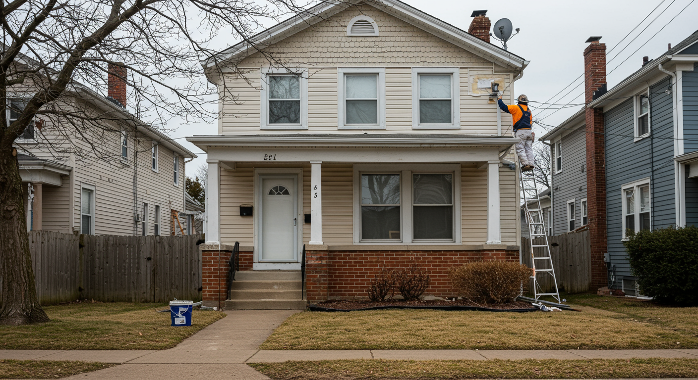 A painter on a ladder applying fresh paint to the exterior of a charming suburban home in Parma.