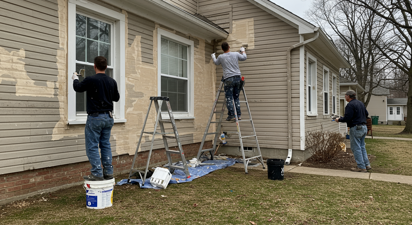 A team of professional painters working on a residential project in Dayton, OH. One painter is on a ladder painting the exterior, while another is preparing the surface, emphasizing teamwork and professionalism.