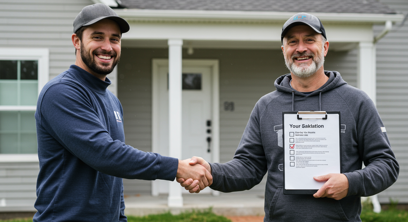 A happy homeowner shaking hands with a painter in front of a freshly painted house. The painter holds a clipboard with a checklist, symbolizing customer satisfaction and quality assurance.