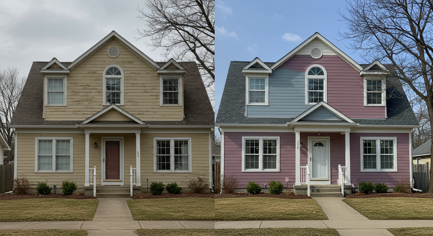 A split image showing a before and after of a home exterior in Dublin, OH. One side shows the old, faded paint, while the other side showcases the newly painted, vibrant exterior, illustrating the dramatic transformation.