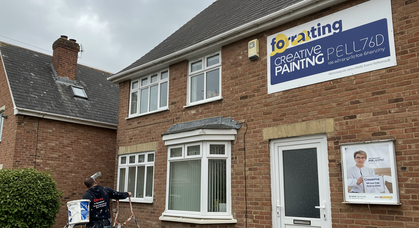 A professional painter at work, applying a fresh coat of paint to a house in Kettering. The painter wears a branded uniform, and the house features a sign with a creative painting company name, showcasing branding in action.