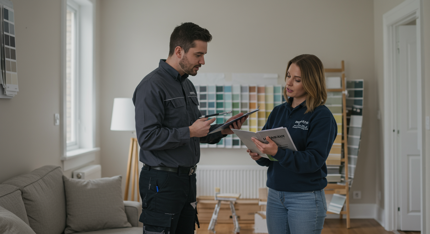 A professional painter discussing color swatches with a homeowner in a bright, airy room.