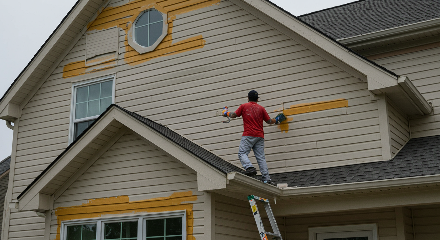 A professional painter applying a fresh coat of eco-friendly paint to the exterior of a charming Kettering home, showcasing vibrant colors and attention to detail.