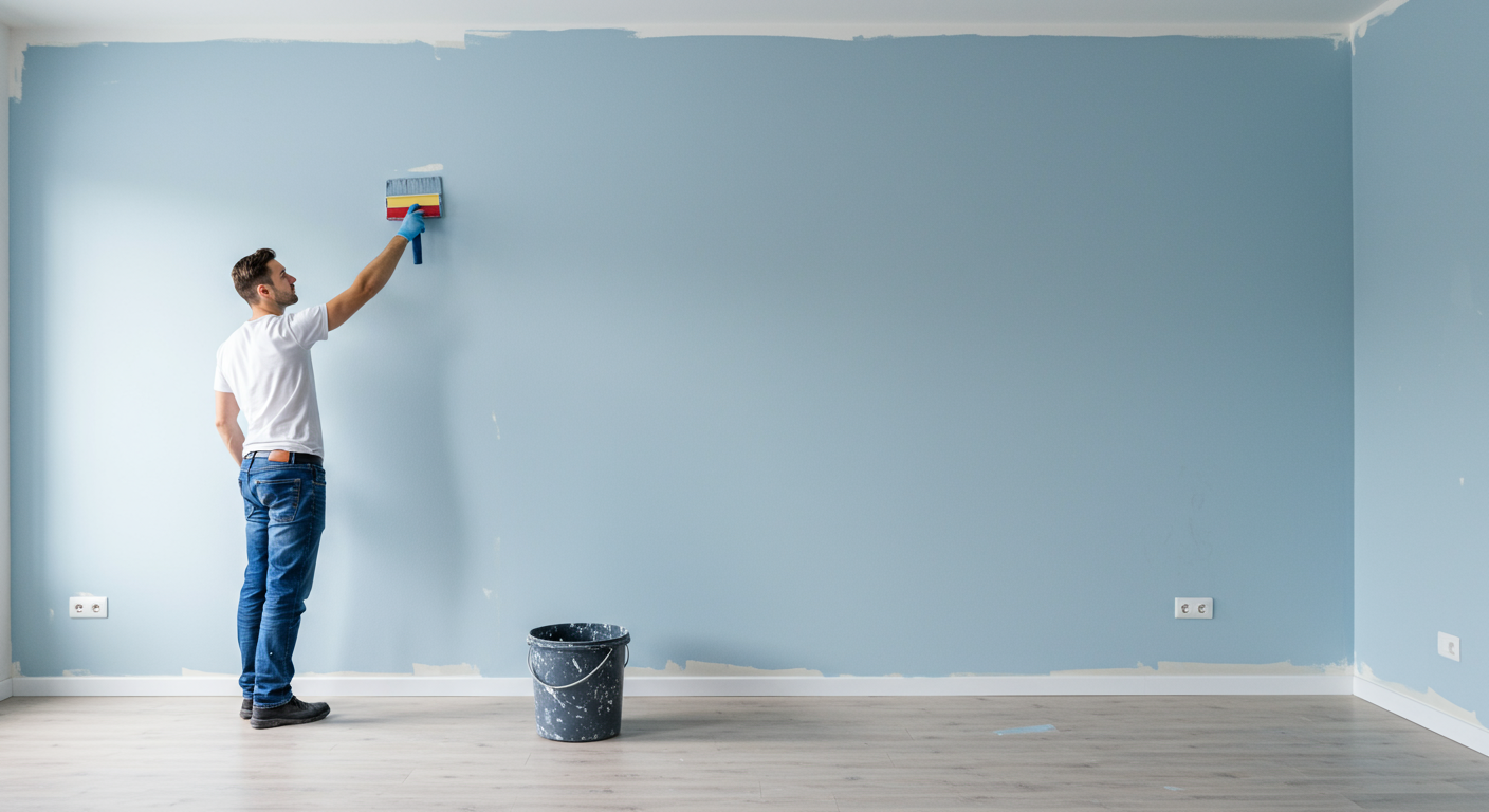 A professional painter applying a fresh coat of light blue paint to a living room wall, showcasing the transformation of the space.