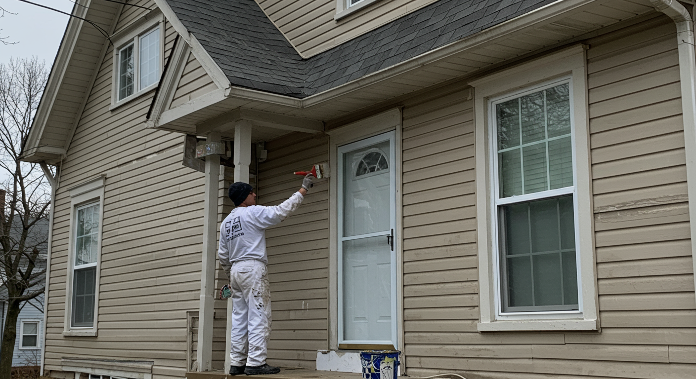 A professional painter in action, applying a fresh coat of paint to the exterior of a charming Findlay home. The scene captures the painter mid-stroke, showcasing their skill and attention to detail.
