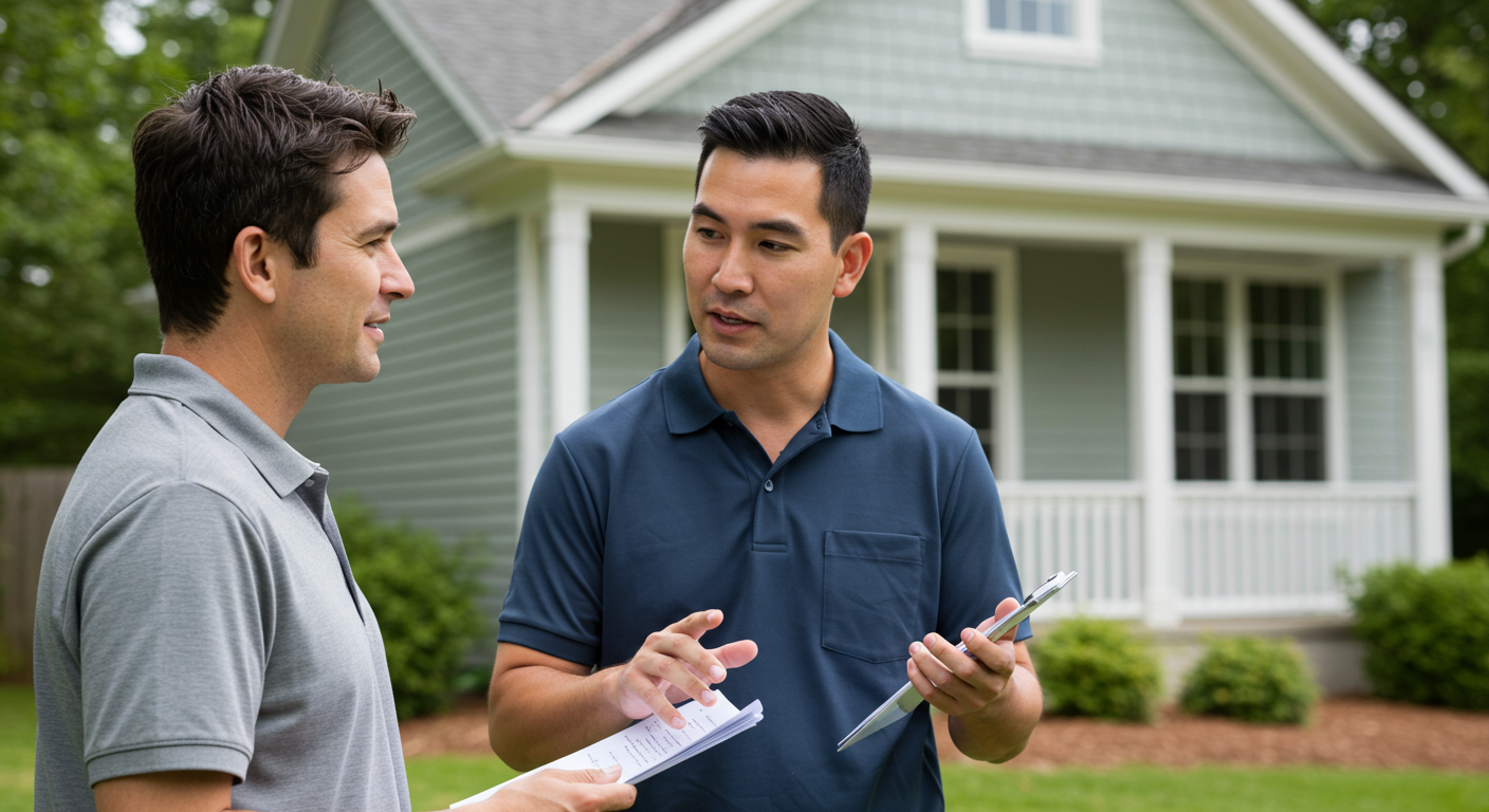 A local painter discussing project details with a homeowner in front of a beautifully painted house.