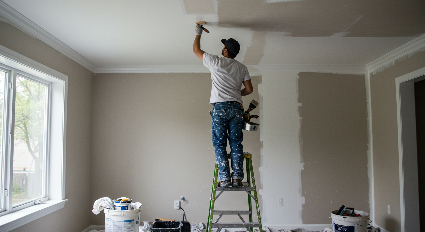 A painter standing on a ladder, carefully painting the ceiling of a room, with drop cloths and tools scattered around. The focus is on the painter's concentration and the task at hand.