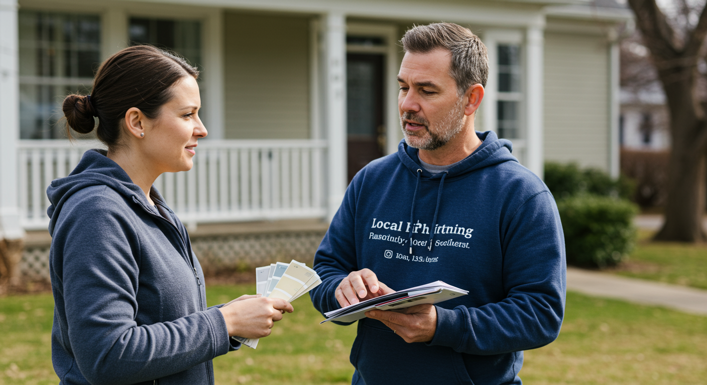 A local painter discussing options with a homeowner in front of their house, with paint samples in hand. The setting is a sunny day in a Fairfield neighborhood.