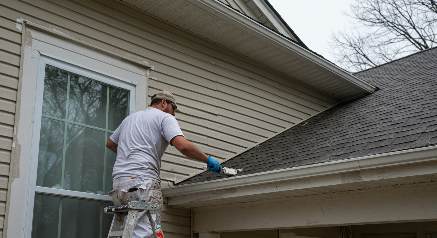 A professional painter applying a fresh coat of paint on the exterior of a charming suburban home in Middletown, OH. The painter is focused and meticulous, showcasing the quality of work.