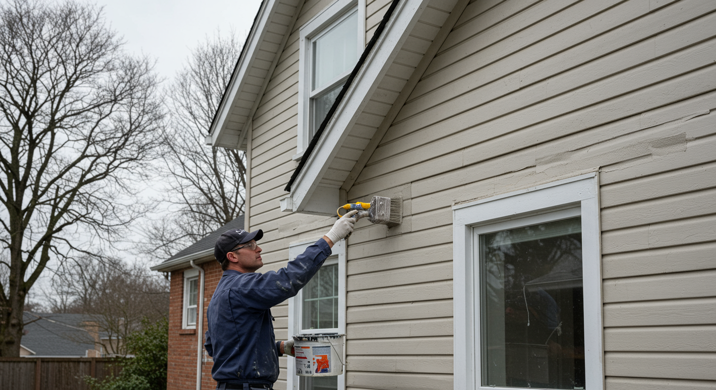 A professional painter carefully applying a fresh coat of paint to the exterior of a charming suburban home.