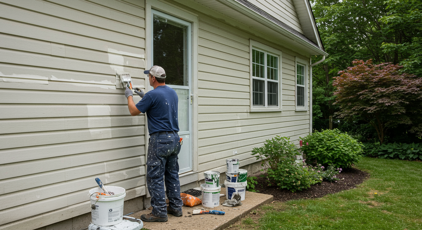 A professional painter applying a fresh coat of paint to the siding of a charming suburban home. The painter is focused and meticulous, with tools and paint cans neatly arranged nearby. The background features a well-maintained garden, enhancing the appeal of the home.