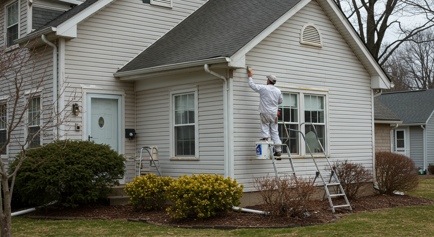 A professional painter in a clean uniform is actively painting the exterior of a charming suburban home in Fairfield, OH.