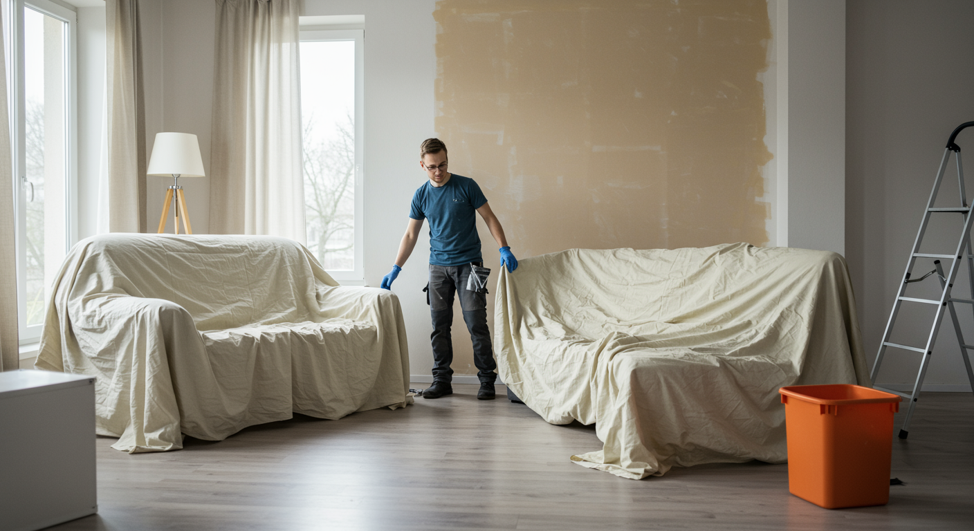 A living room scene where furniture is covered with drop cloths, and a painter is carefully moving a couch away from the wall. The atmosphere is calm and organized, showcasing a well-prepared space.