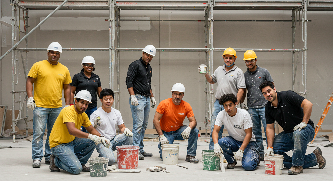 A diverse team of professional painters working together on a large commercial building.