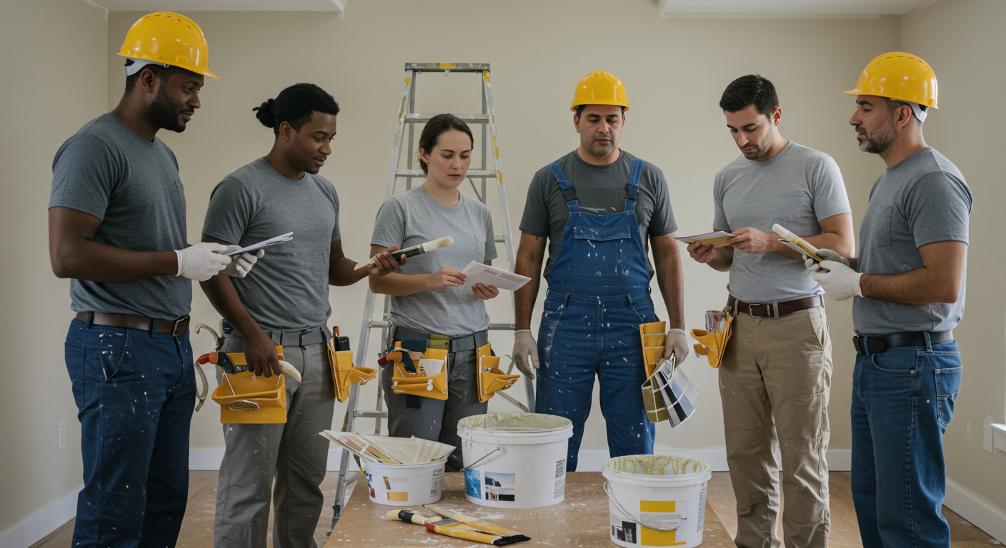 A diverse team of painters collaborating on a home painting project, discussing color choices and techniques. This image captures the teamwork and camaraderie often found in painting jobs.