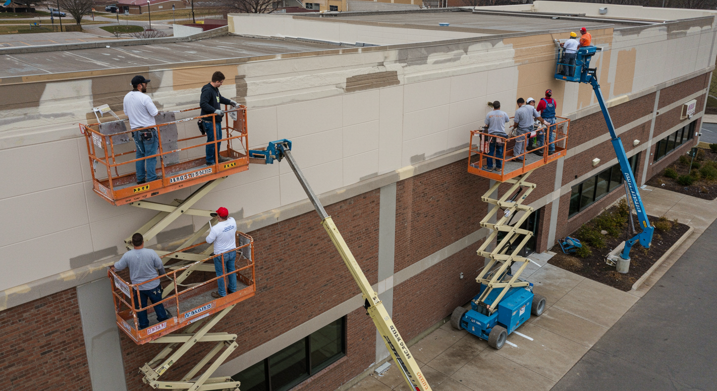A team of painters collaborating on a large commercial building in Akron, showcasing teamwork and professionalism in the painting industry.