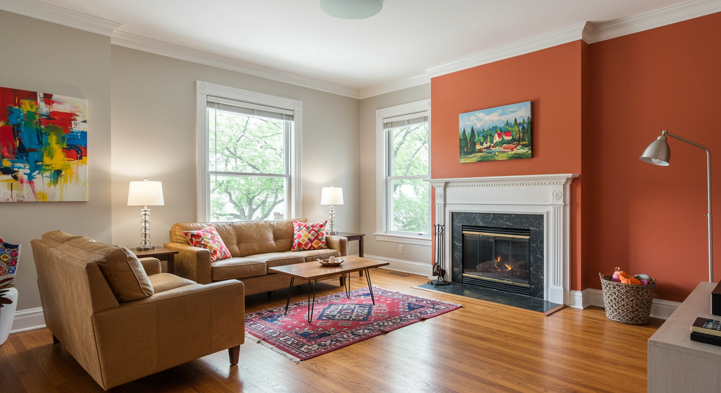 A beautifully painted living room in a Parma home, featuring vibrant colors and modern decor.