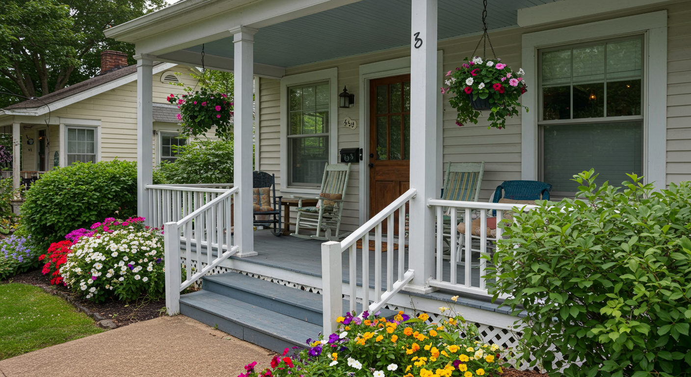 An inviting outdoor scene of a freshly painted porch with colorful flowers and a welcoming atmosphere, symbolizing the transformation that quality painting can bring to a home.