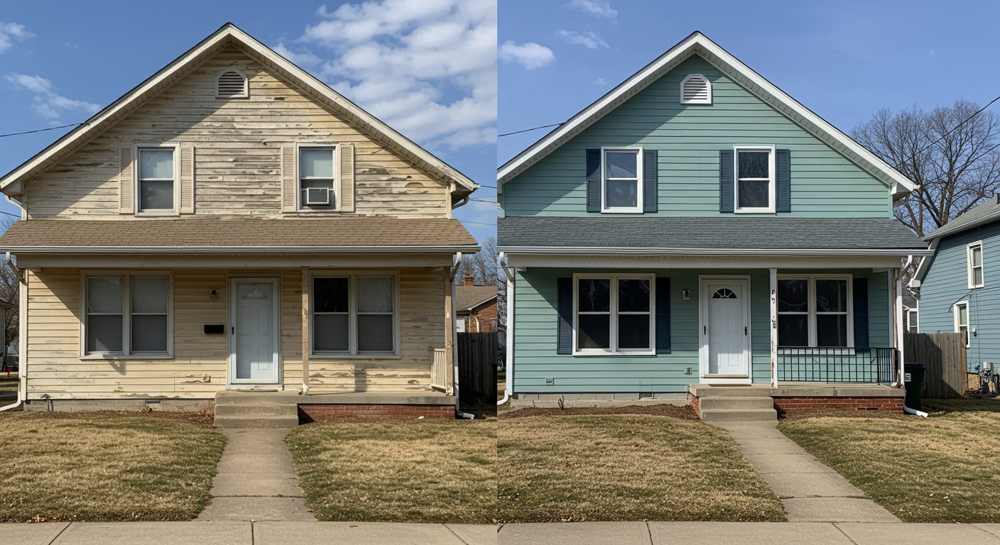 A split-screen image showing a before-and-after transformation of a residential home in Huber Heights. The left side shows faded, peeling paint, while the right side showcases a vibrant, freshly painted exterior.