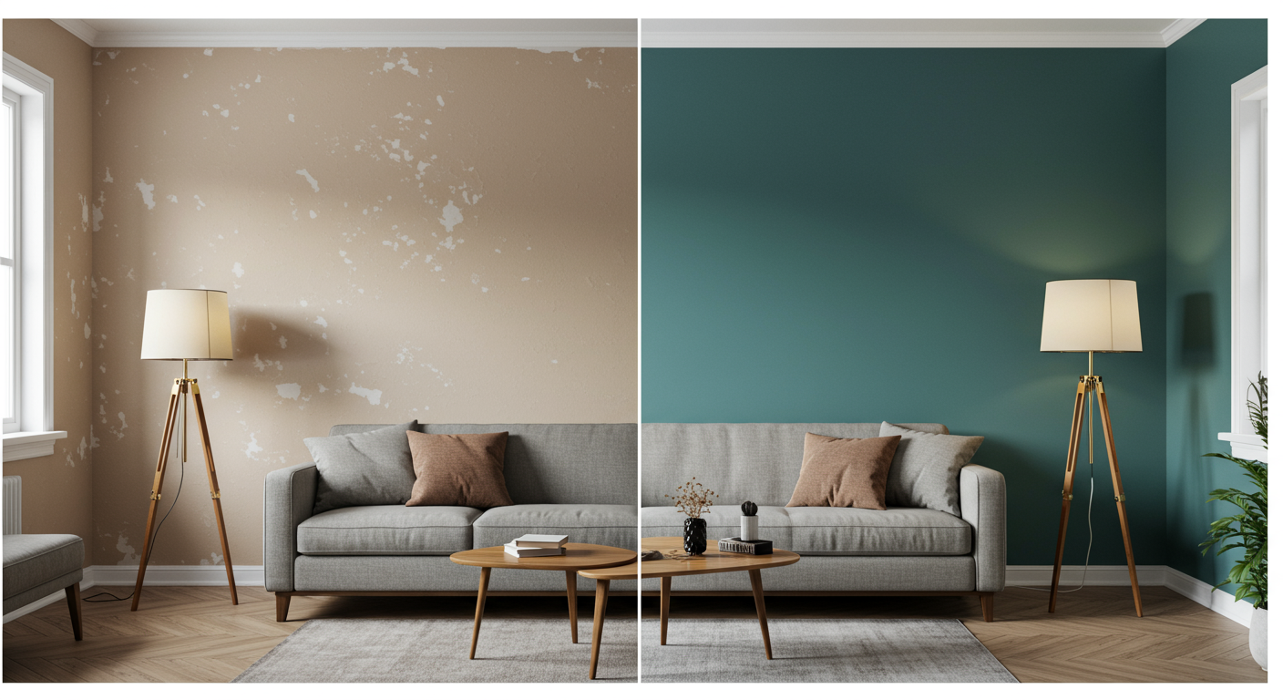 A split-view image showing a before-and-after comparison of a living room. The 'before' side has faded, outdated paint, while the 'after' side showcases a vibrant, freshly painted wall with modern decor.