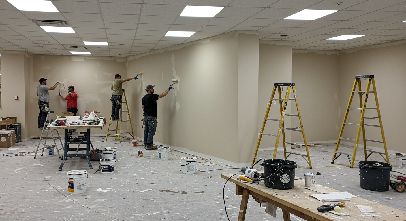 A team of painters working on the interior walls of a commercial office space in Huber Heights, OH. The walls are being painted in a neutral color, and the painters are using ladders and rollers. The workspace has a clean and organized look, with tools neatly arranged.