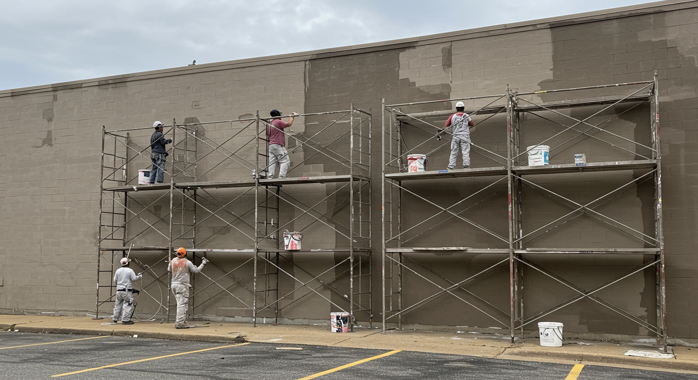 A team of professional painters working on the exterior of a commercial building in Huber Heights, OH.