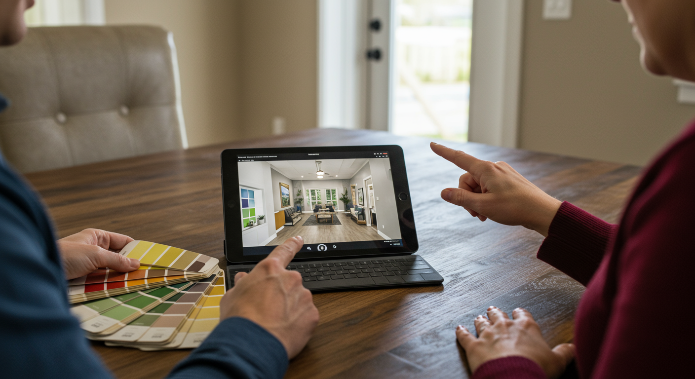 A professional painter discussing color options with a homeowner in Huber Heights, OH. The image features a color swatch book, a tablet displaying a digital room design, and the homeowner pointing at a wall. The setting is warm and inviting, reflecting excellent customer service.