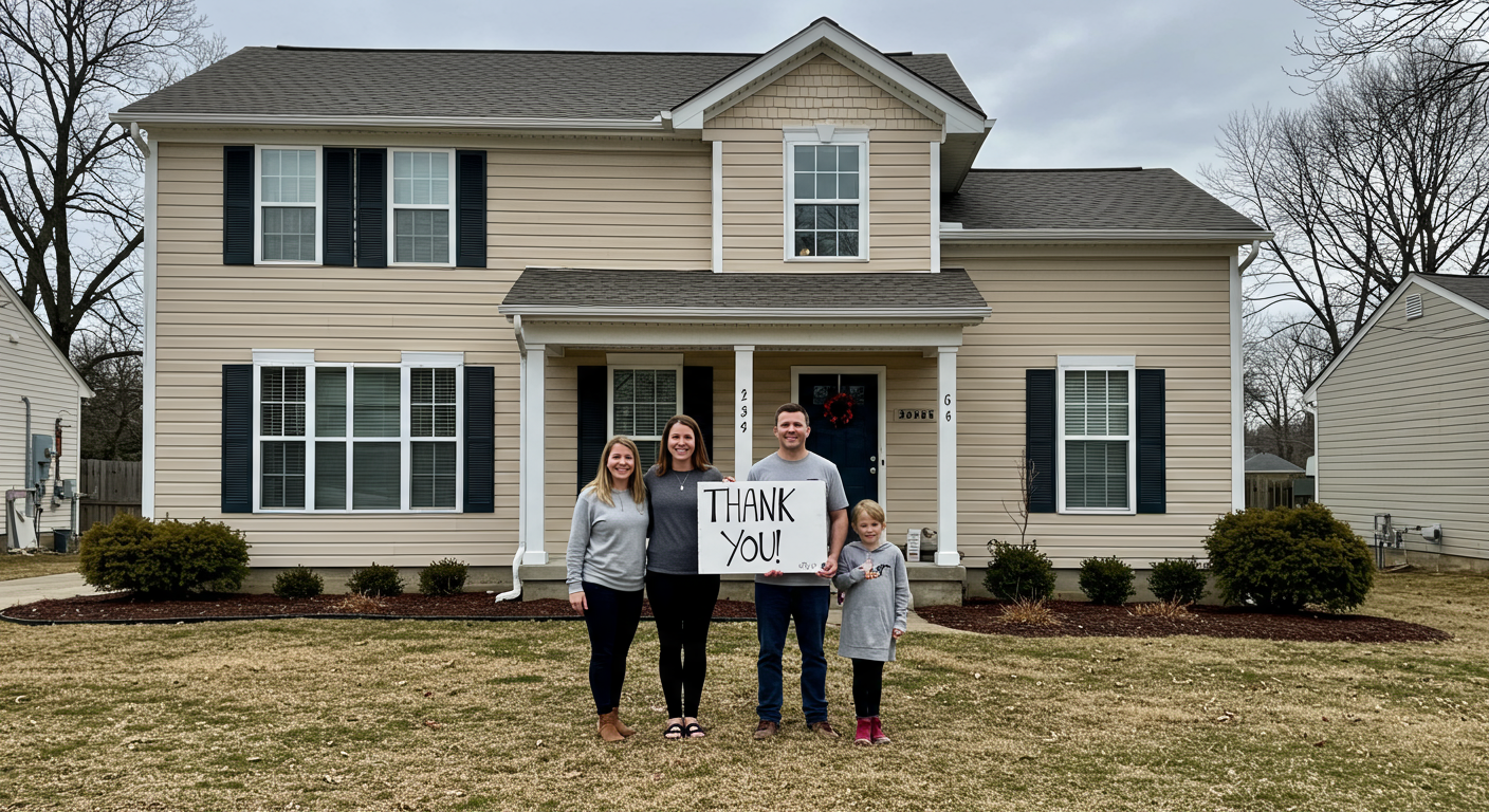 A smiling family standing in front of their freshly painted home in Huber Heights, OH.
