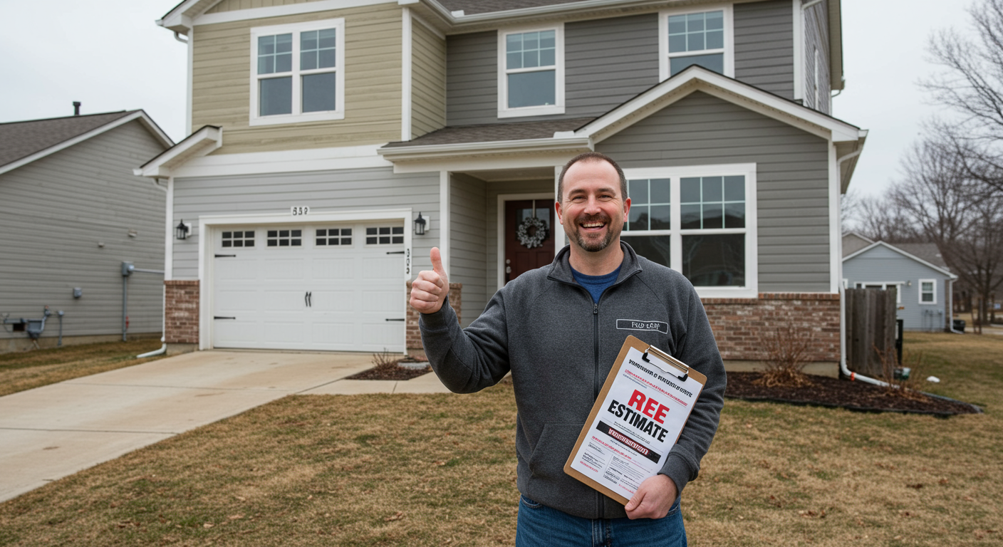 A satisfied homeowner standing in front of their freshly painted home in Huber Heights, OH, smiling and giving a thumbs-up. The house features a modern color scheme, and the homeowner is holding a clipboard with a 'Free Estimate' sticker visible.